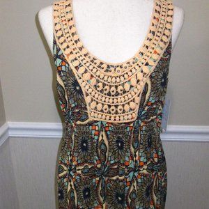 Boho Maxi Sundress Crochet Lace Detail sz S Smocked Waist